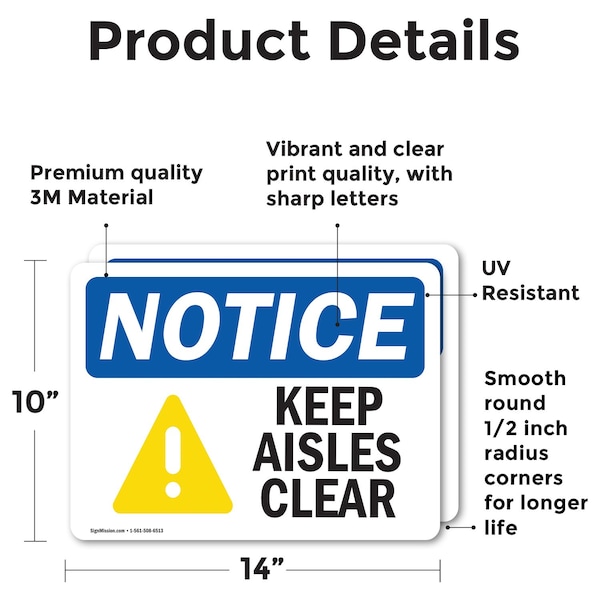 Keep Aisles Clear, 14 In W X Rectangle, Vinyl Decal